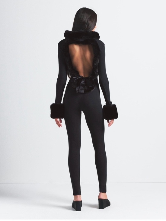 SKIMS Pants - SKIMS Black Hooded Cloud Jumpsuit with Faux-Fur Trim and Satin Waist Tie